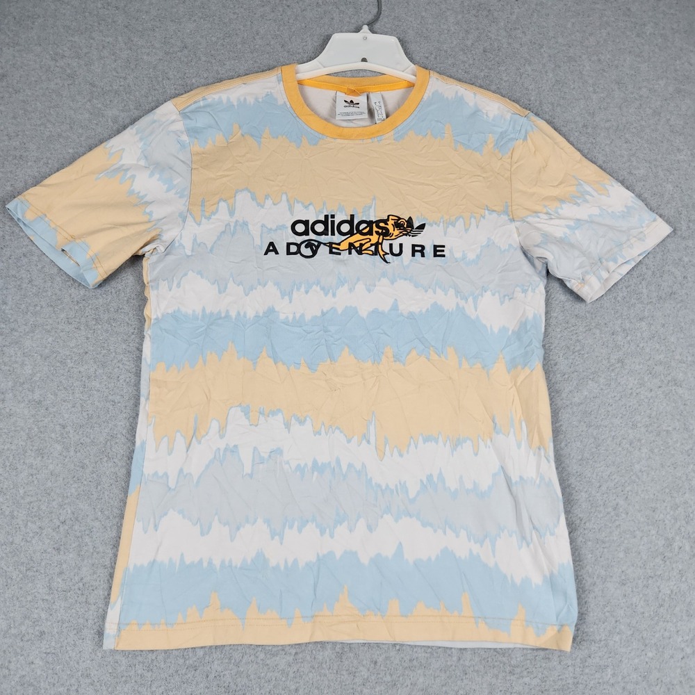 Adidas Adventure T-Shirt Men Small Blue Yellow Graphic Print Crewneck Streetwear